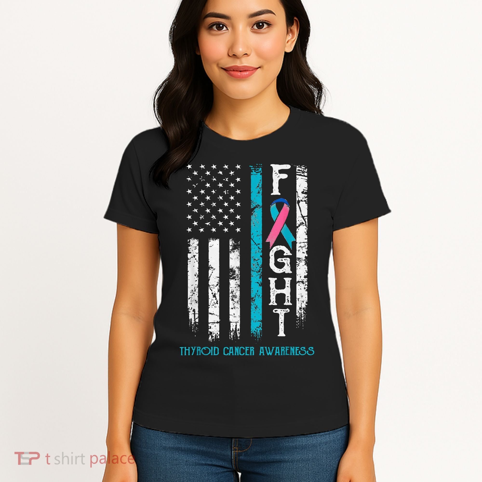 Thyroid Cancer Awareness Blue Pink Teal Ribbon Fight Flag Women's T-Shirt
