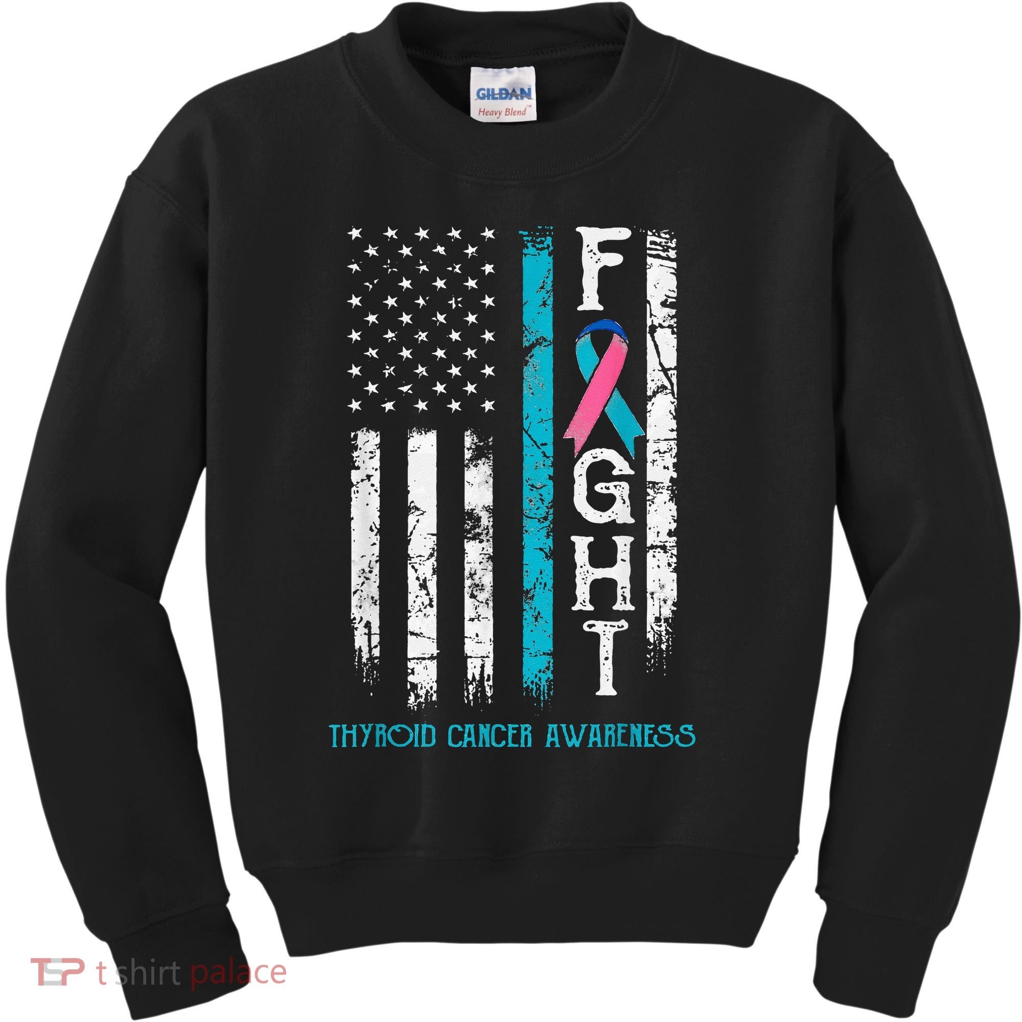 Thyroid Cancer Awareness Blue Pink Teal Ribbon Fight Flag Kids Sweatshirt