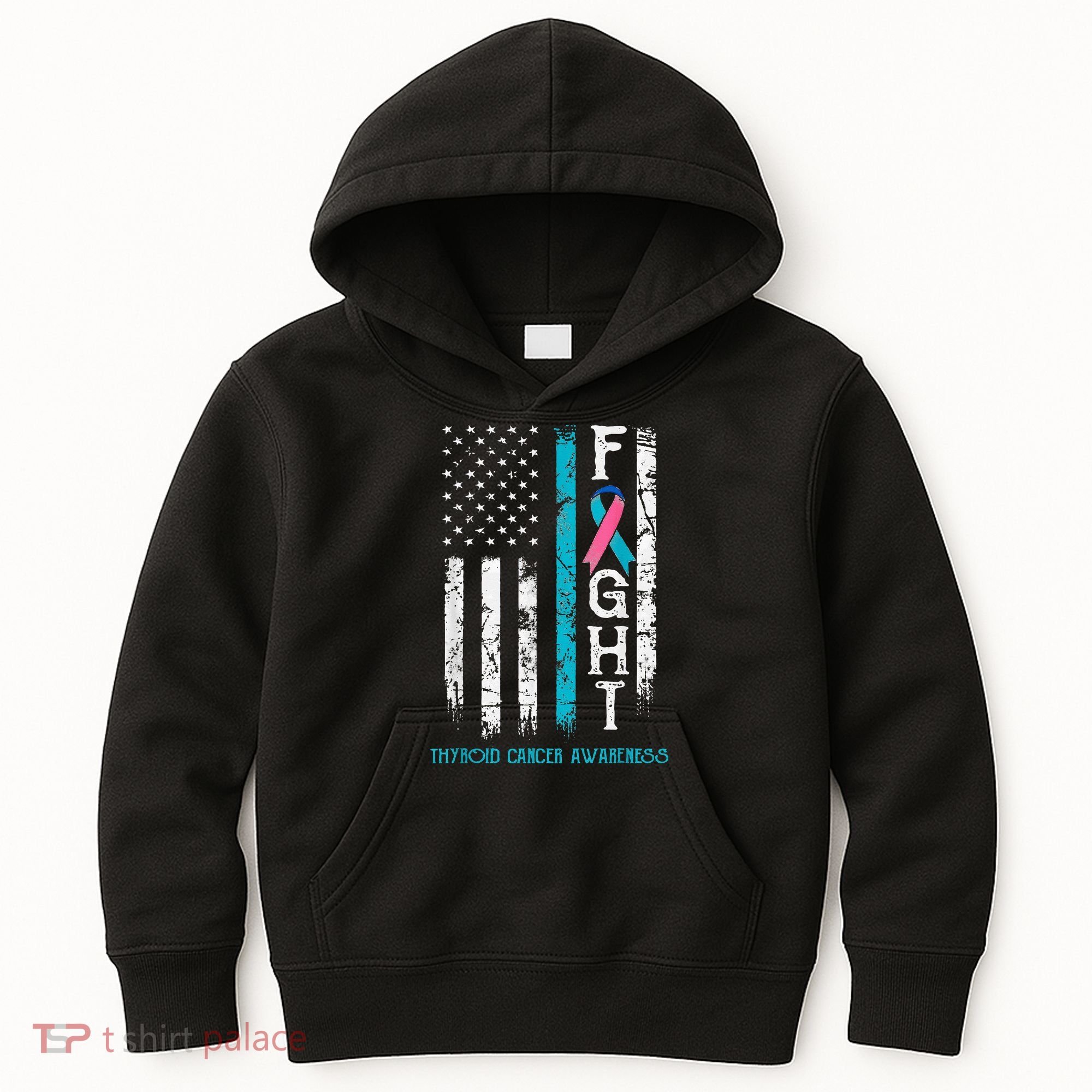 Thyroid Cancer Awareness Blue Pink Teal Ribbon Fight Flag Kids Hoodie