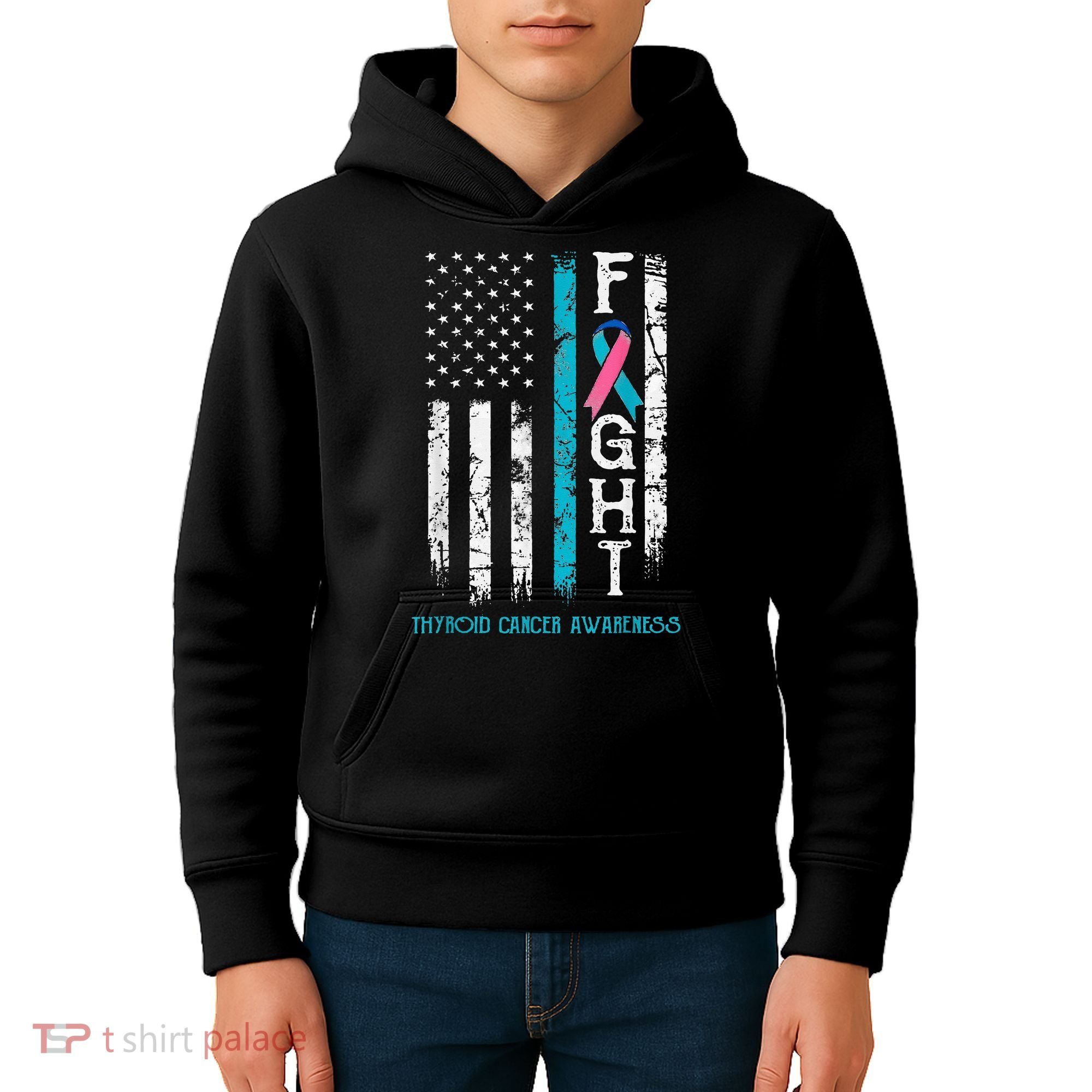 Thyroid Cancer Awareness Blue Pink Teal Ribbon Fight Flag Kids Hoodie