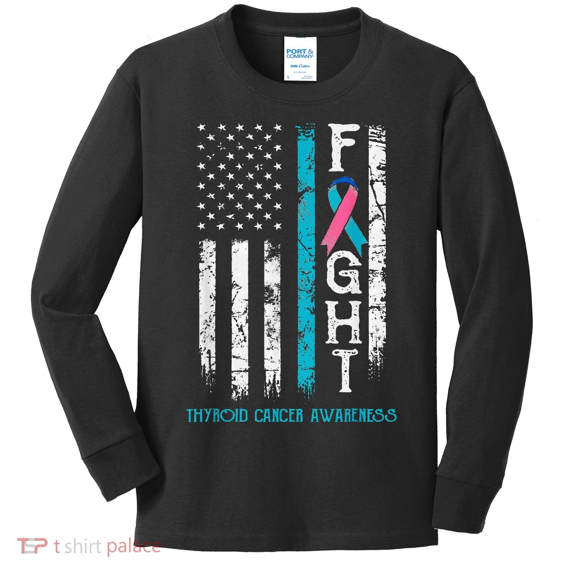 Thyroid Cancer Awareness Blue Pink Teal Ribbon Fight Flag Kids Long Sleeve Shirt