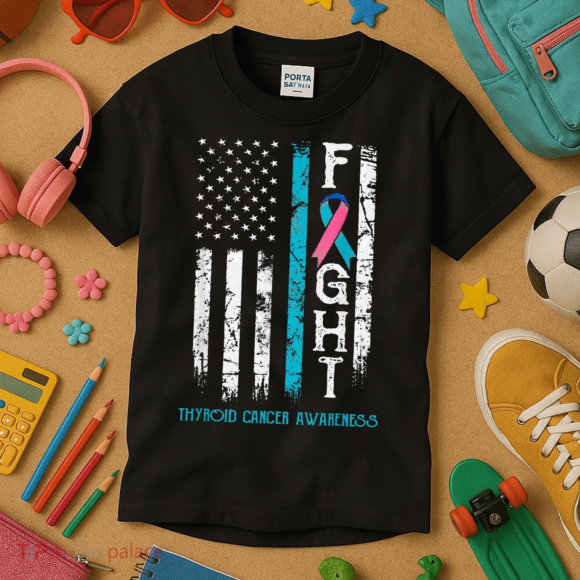 Thyroid Cancer Awareness Blue Pink Teal Ribbon Fight Flag Kids T-Shirt