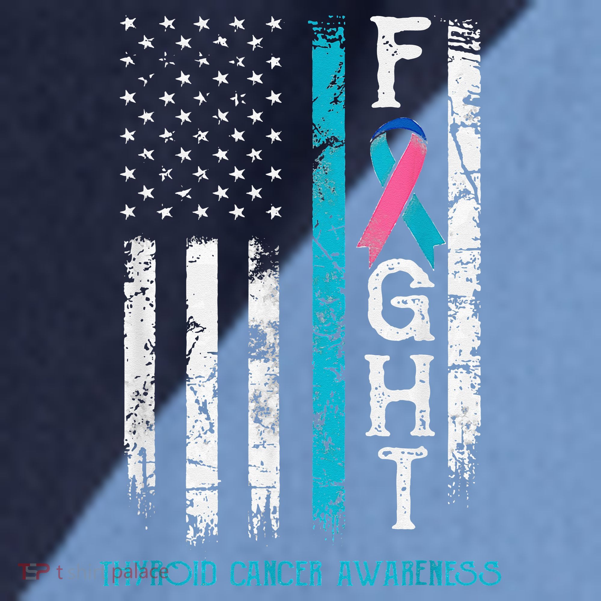 Thyroid Cancer Awareness Blue Pink Teal Ribbon Fight Flag Raglan Baseball Sleeve Shirt