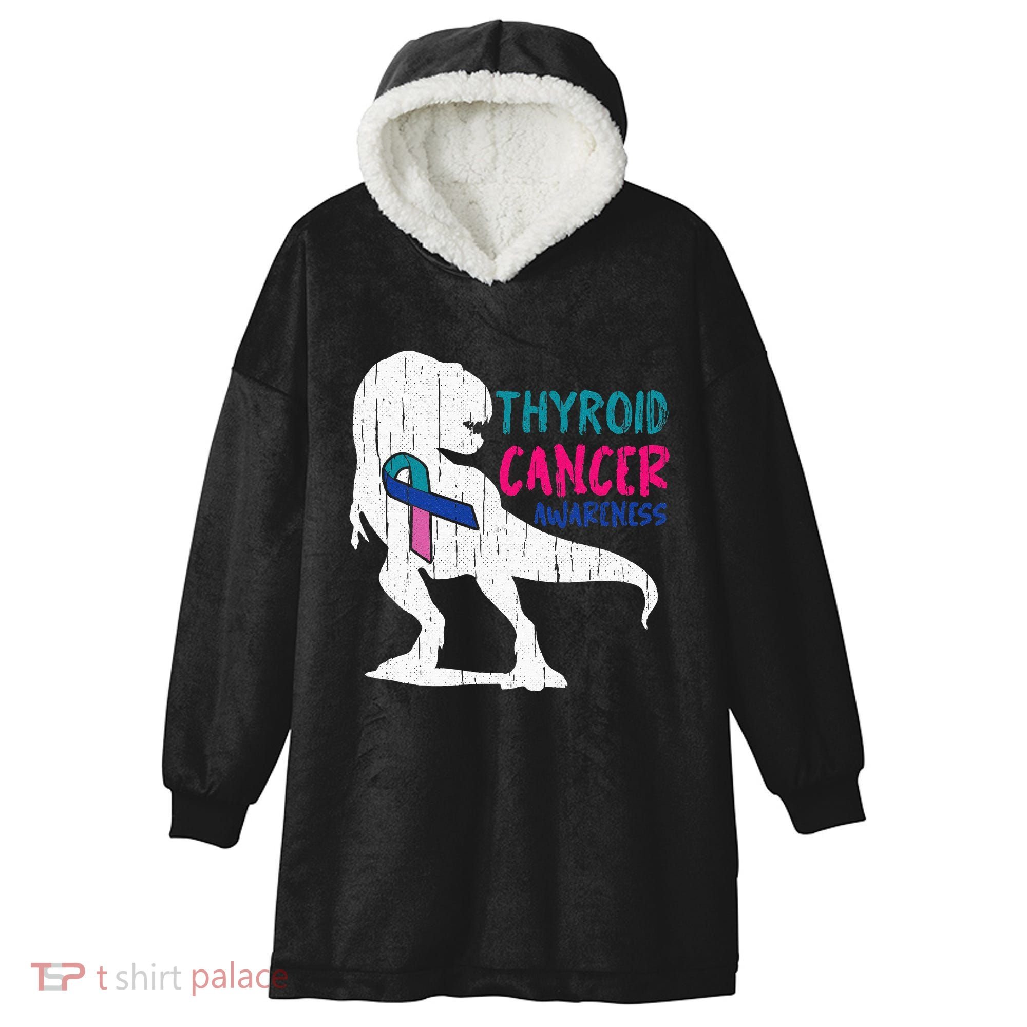Thyroid Cancer Awareness Cool TRex Warrior Survivor Fighter Hooded Wearable Blanket