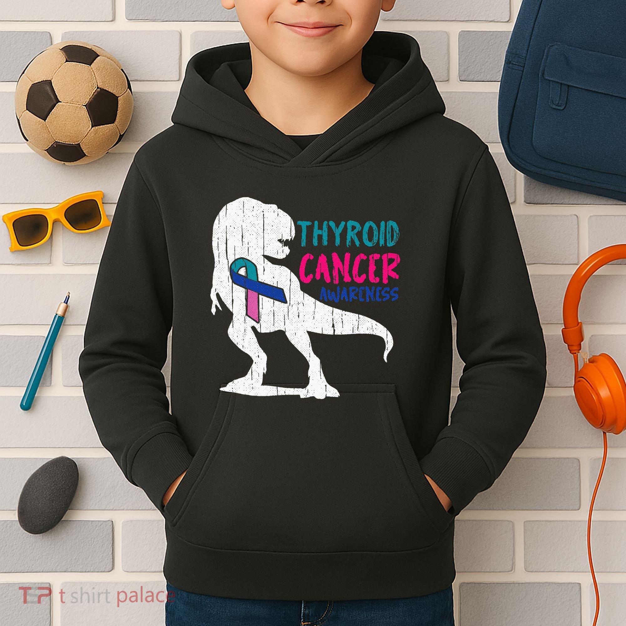 Thyroid Cancer Awareness Cool TRex Warrior Survivor Fighter Kids Hoodie