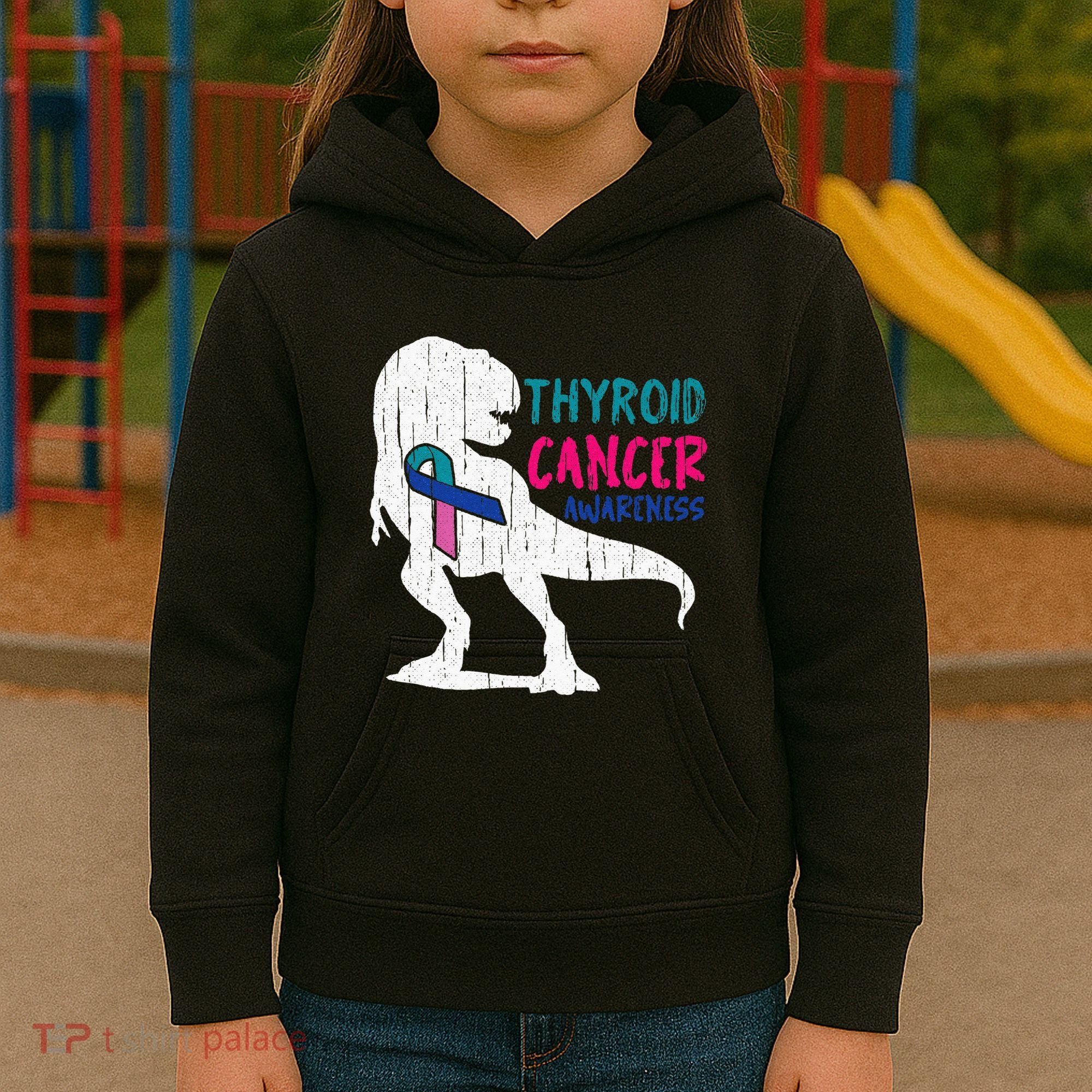 Thyroid Cancer Awareness Cool TRex Warrior Survivor Fighter Kids Hoodie
