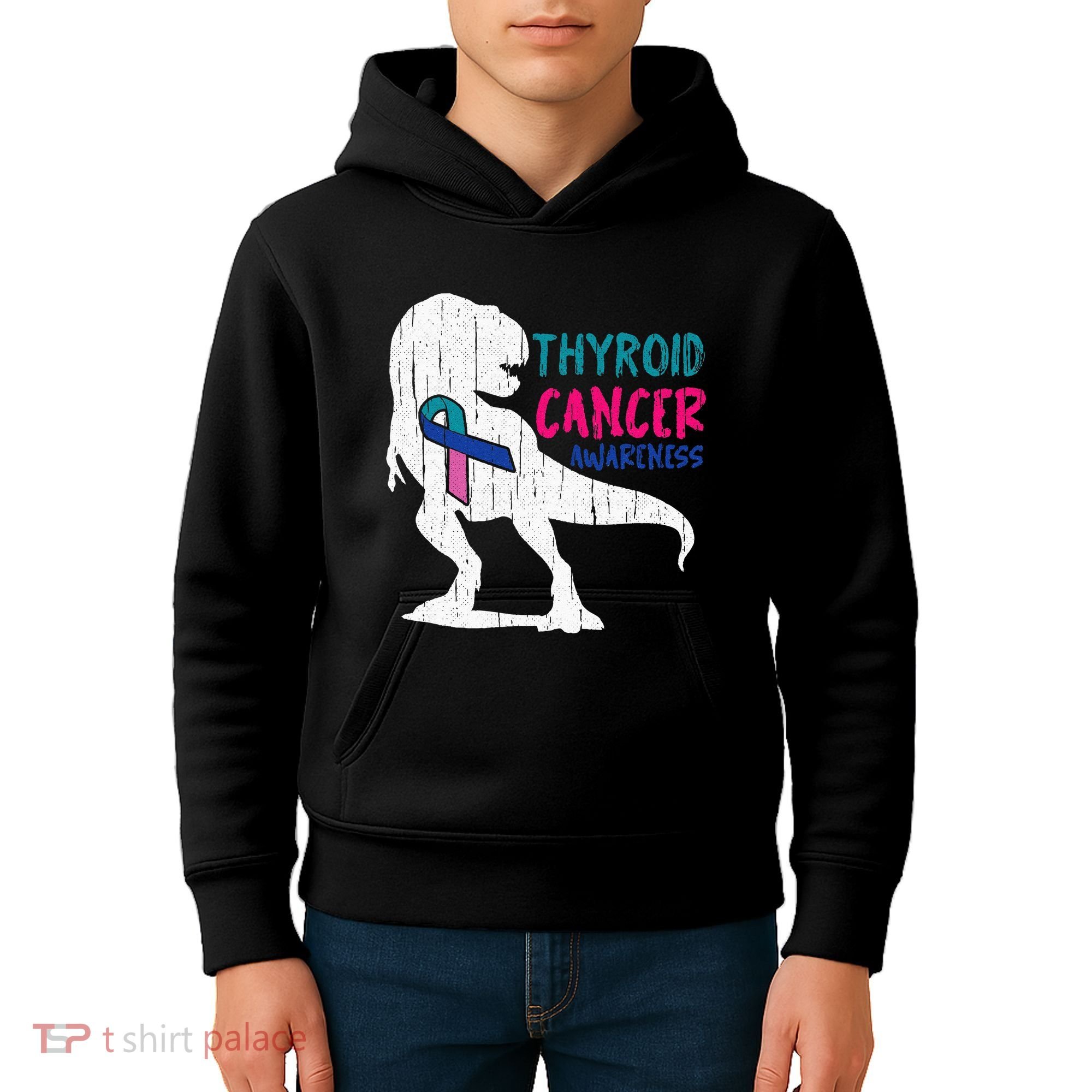 Thyroid Cancer Awareness Cool TRex Warrior Survivor Fighter Kids Hoodie