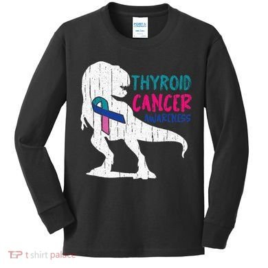 Thyroid Cancer Awareness Cool TRex Warrior Survivor Fighter Kids Long Sleeve Shirt
