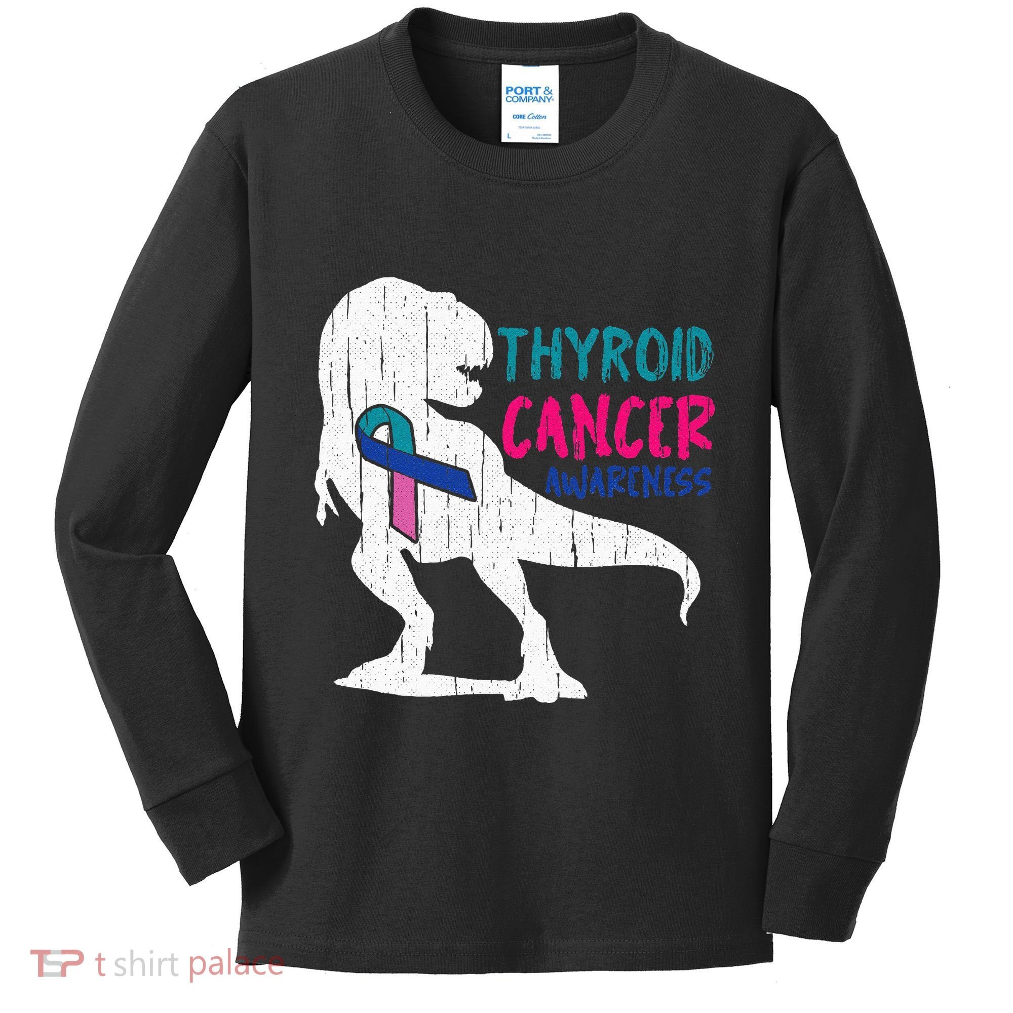Thyroid Cancer Awareness Cool TRex Warrior Survivor Fighter Kids Long Sleeve Shirt
