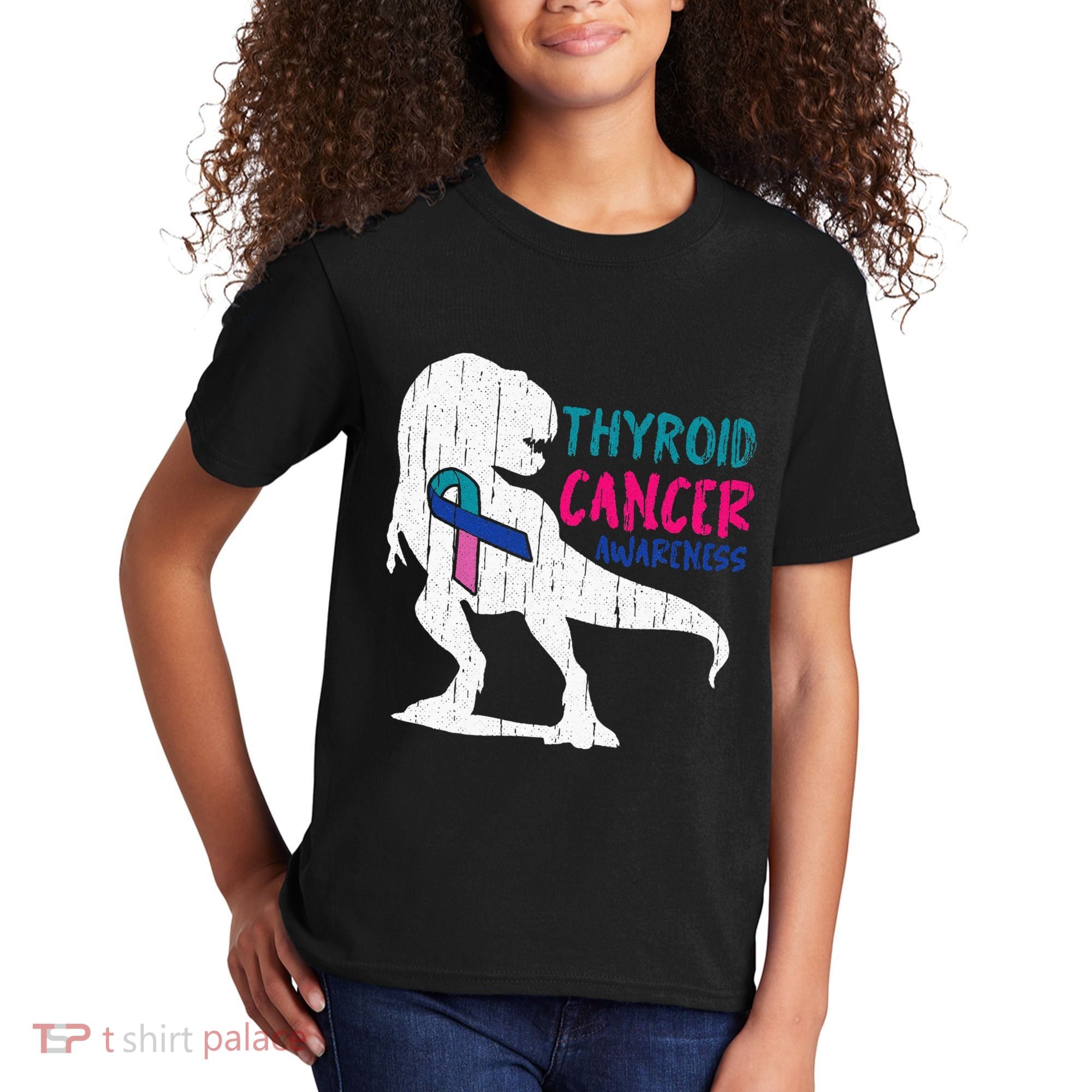 Thyroid Cancer Awareness Cool TRex Warrior Survivor Fighter Kids T-Shirt