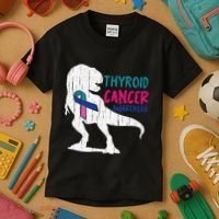 Thyroid Cancer Awareness Cool TRex Warrior Survivor Fighter Kids T-Shirt thumb 3