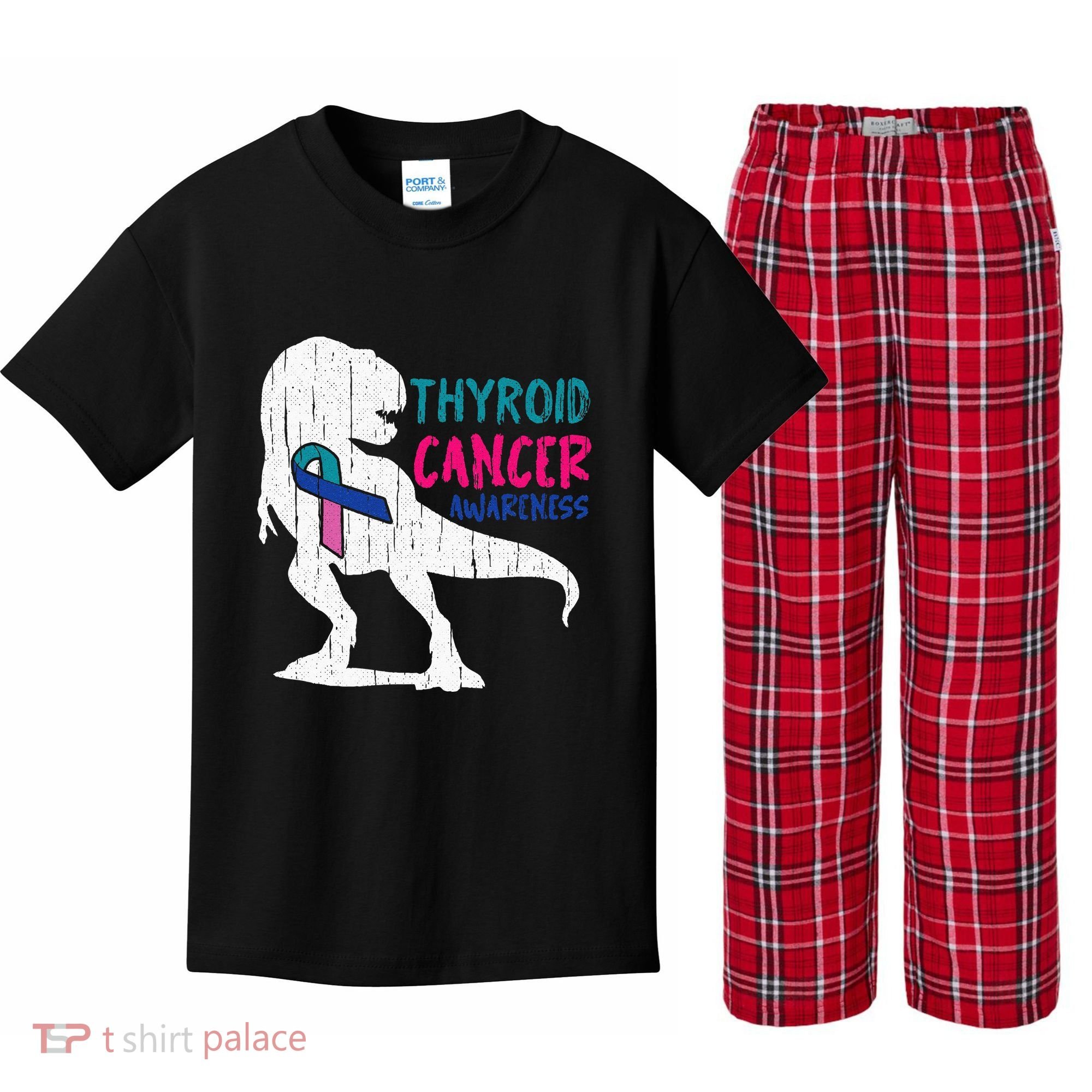 Thyroid Cancer Awareness Cool TRex Warrior Survivor Fighter Kids Plaid Pajama Set