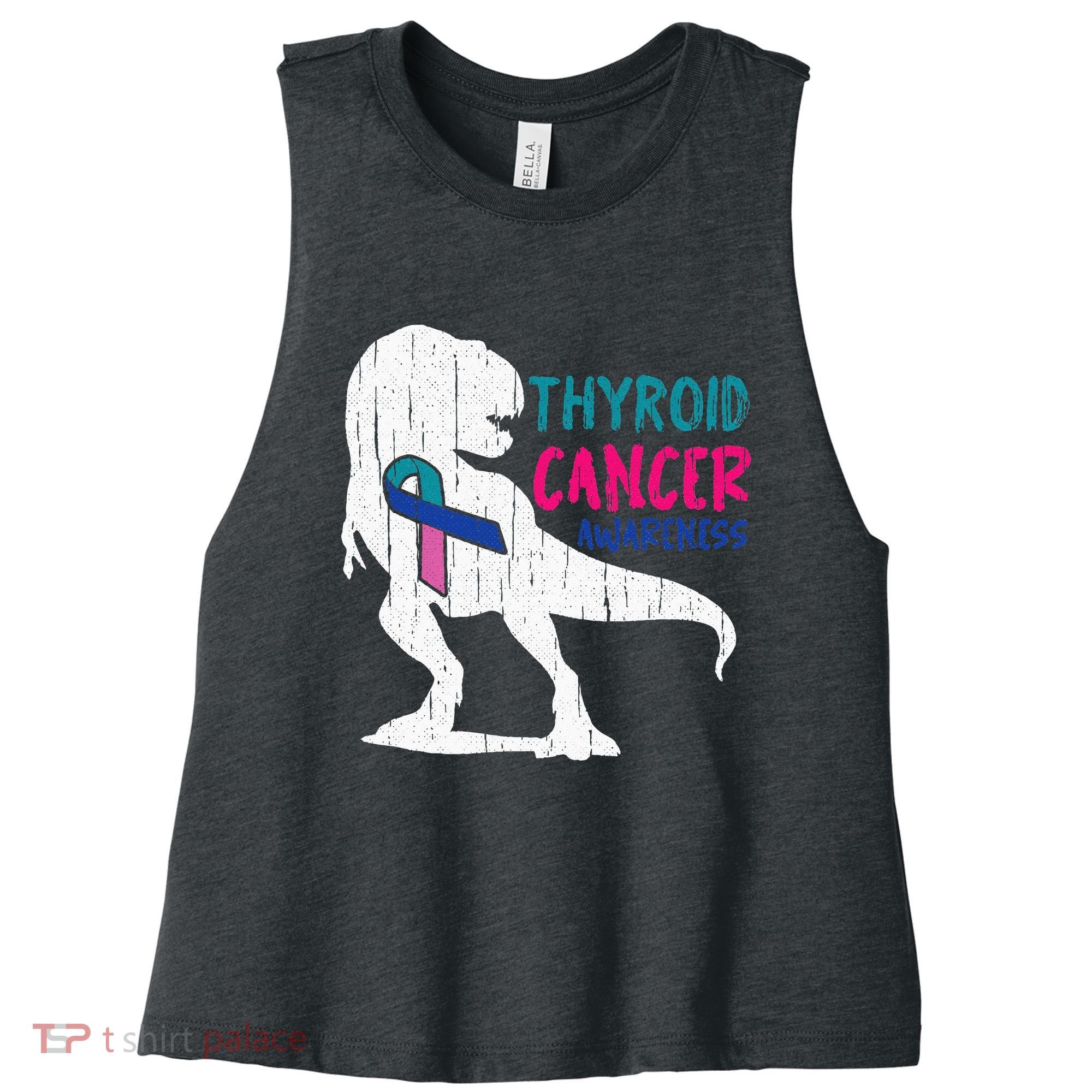 Thyroid Cancer Awareness Cool TRex Warrior Survivor Fighter Women's Racerback Cropped Tank