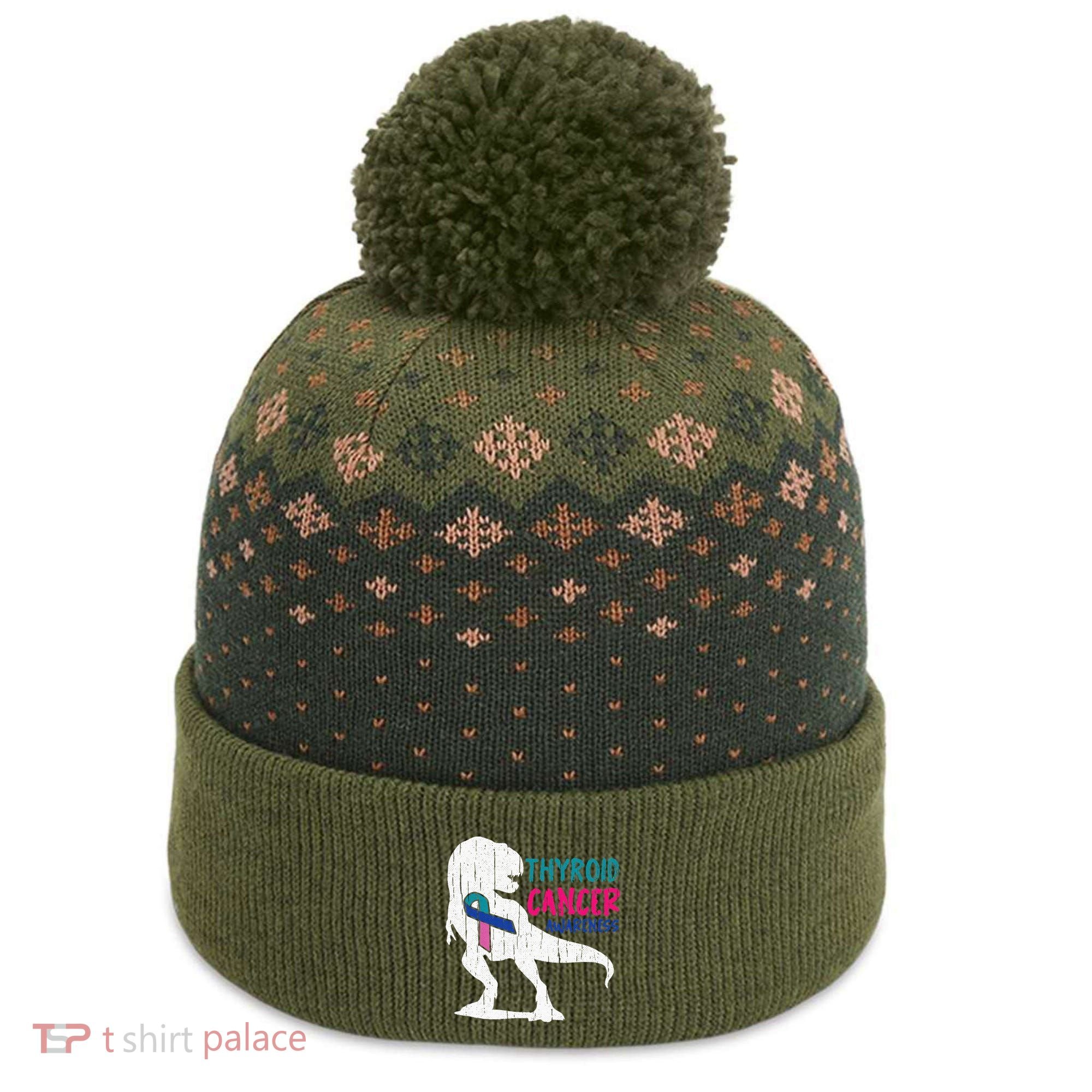 Thyroid Cancer Awareness Cool TRex Warrior Survivor Fighter The Baniff Cuffed Pom Beanie