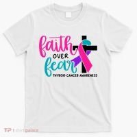 Thyroid Cancer Awareness Ribbon Faith Over Fear Christian T-Shirt thumb 0