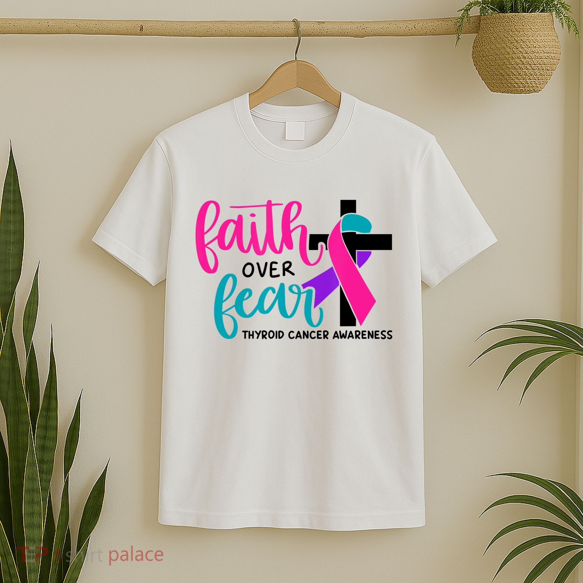 Thyroid Cancer Awareness Ribbon Faith Over Fear Christian T-Shirt