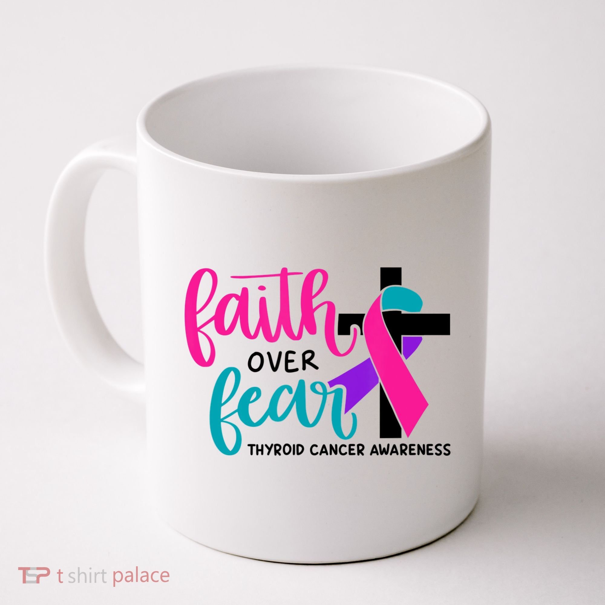 Thyroid Cancer Awareness Ribbon Faith Over Fear Christian Coffee Mug