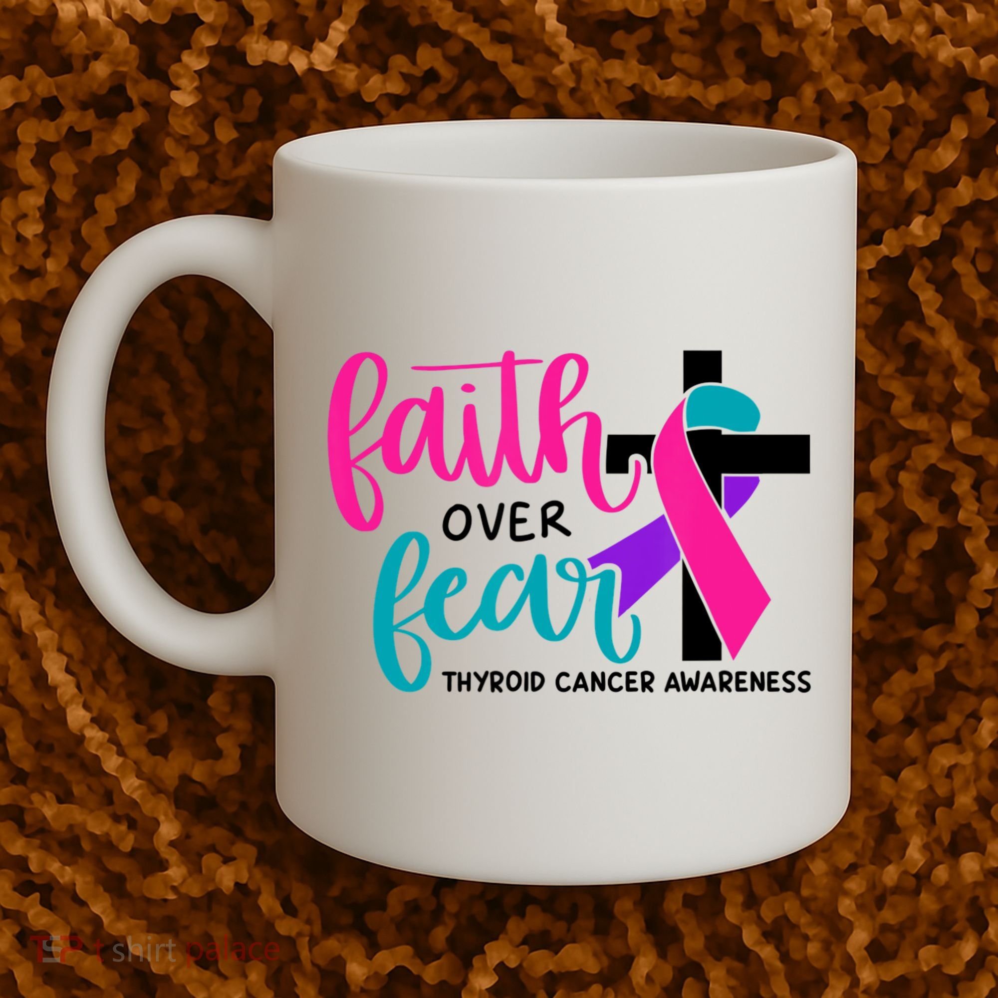 Thyroid Cancer Awareness Ribbon Faith Over Fear Christian Coffee Mug