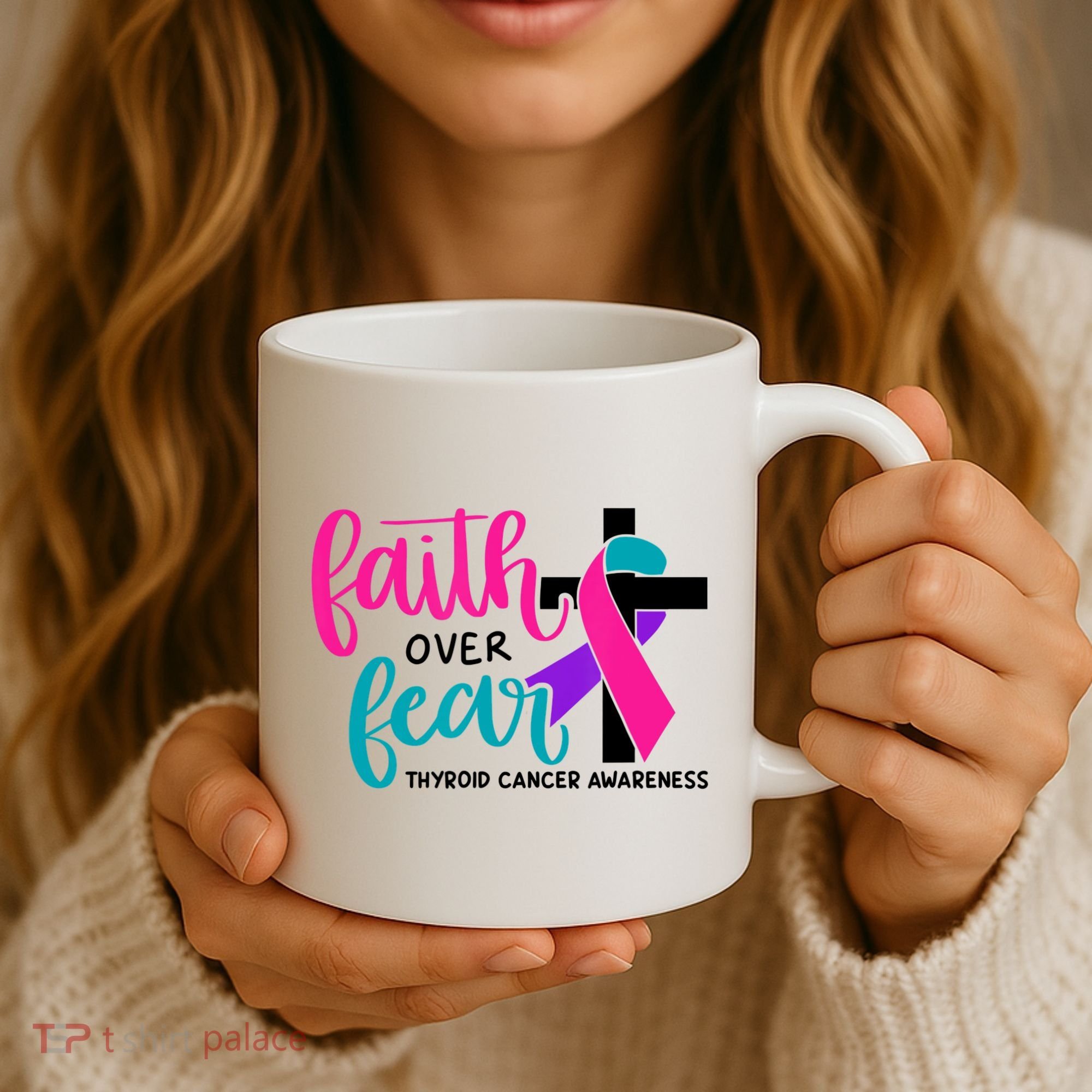 Thyroid Cancer Awareness Ribbon Faith Over Fear Christian Coffee Mug