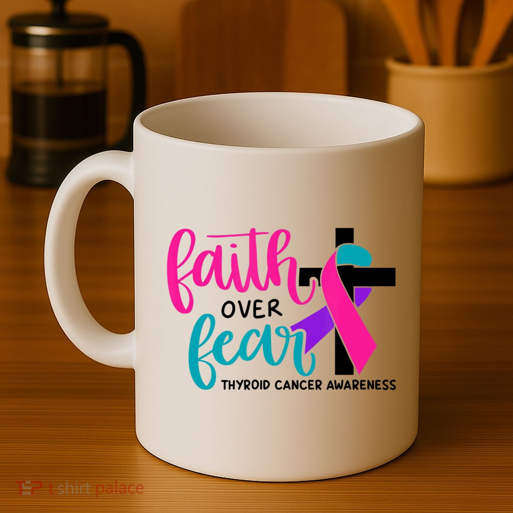 Thyroid Cancer Awareness Ribbon Faith Over Fear Christian Coffee Mug
