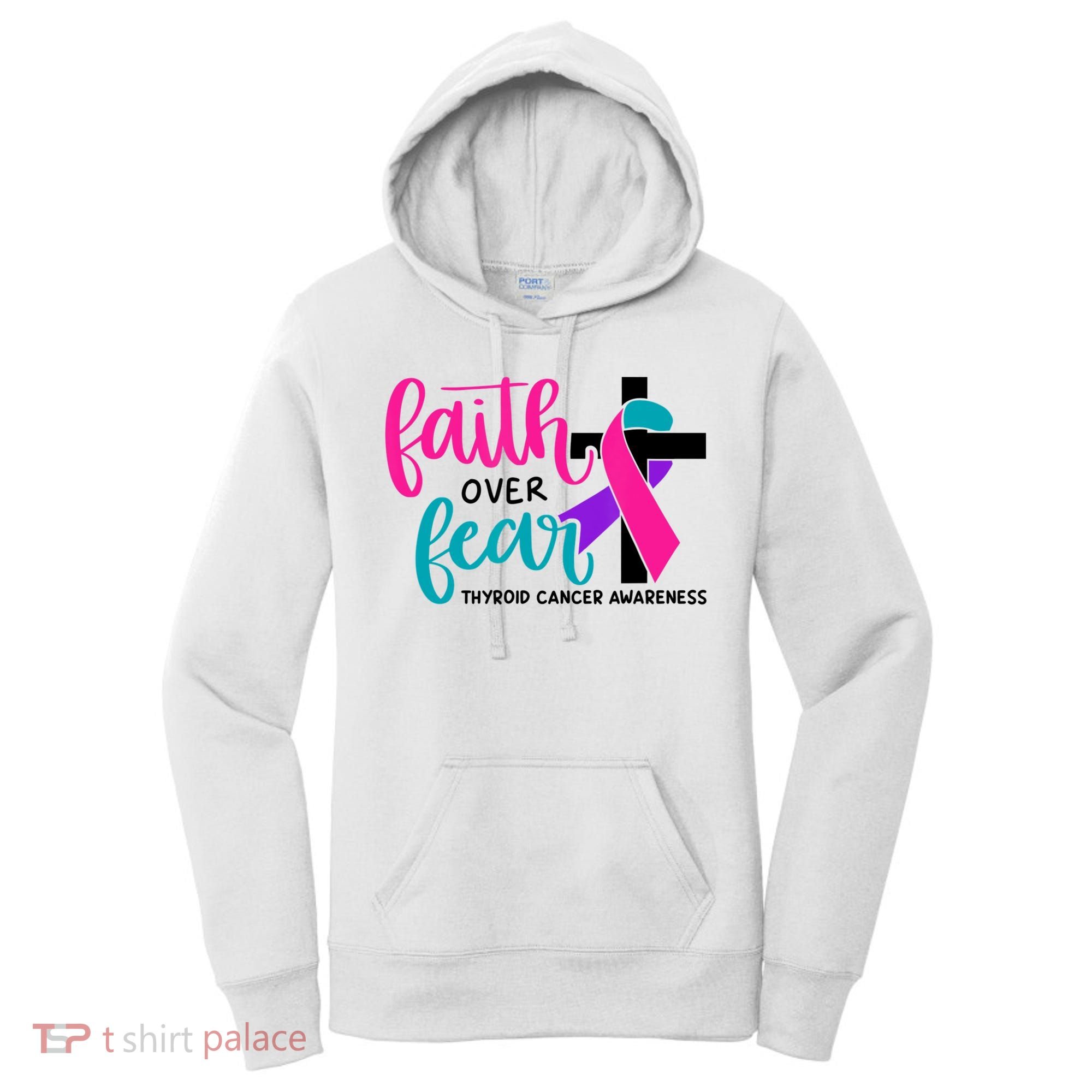 Thyroid Cancer Awareness Ribbon Faith Over Fear Christian Women's Hoodie