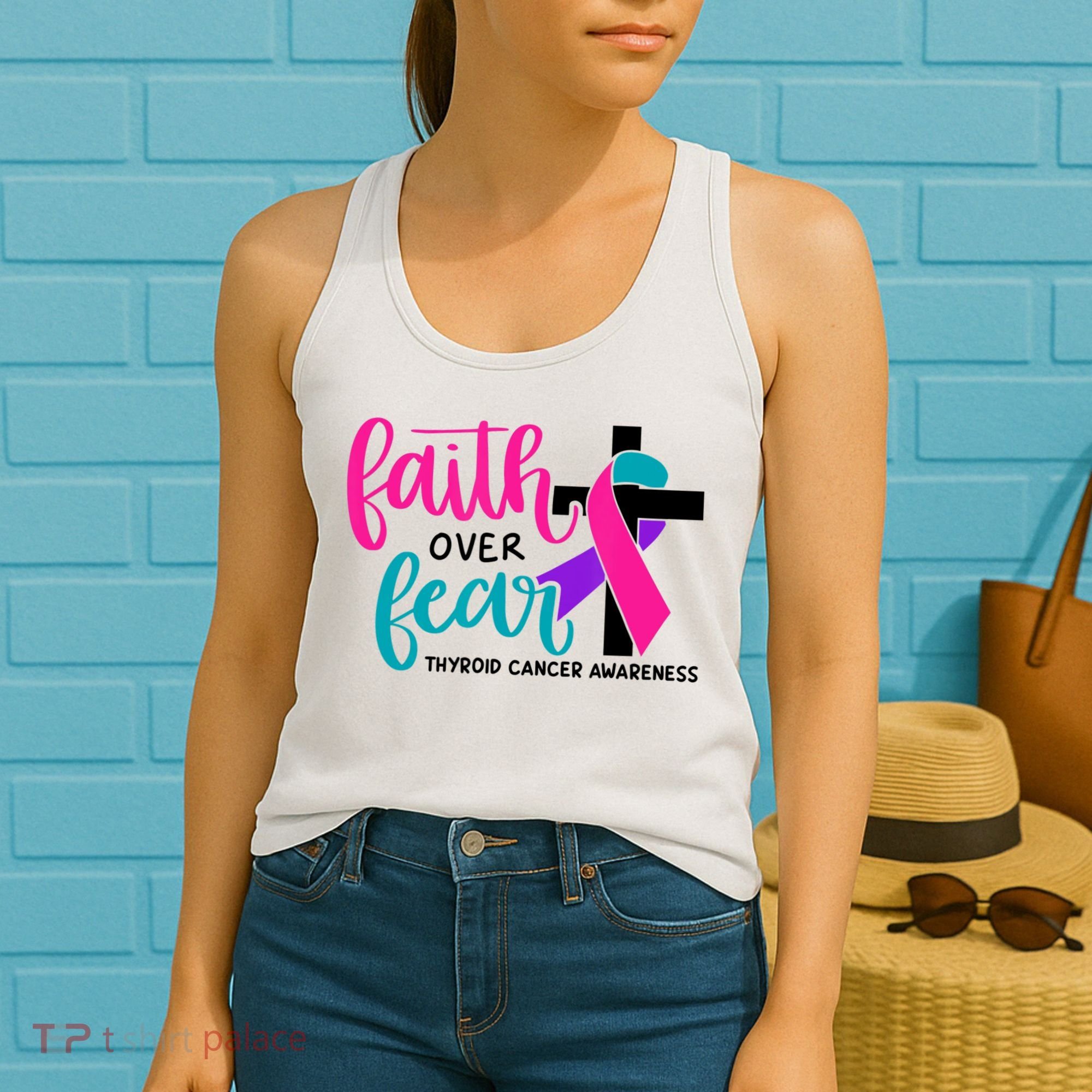 Thyroid Cancer Awareness Ribbon Faith Over Fear Christian Women's Tank Top