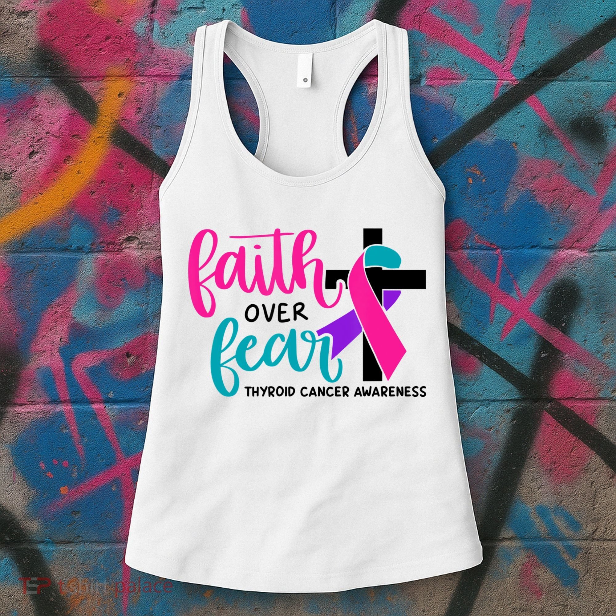 Thyroid Cancer Awareness Ribbon Faith Over Fear Christian Women's Tank Top