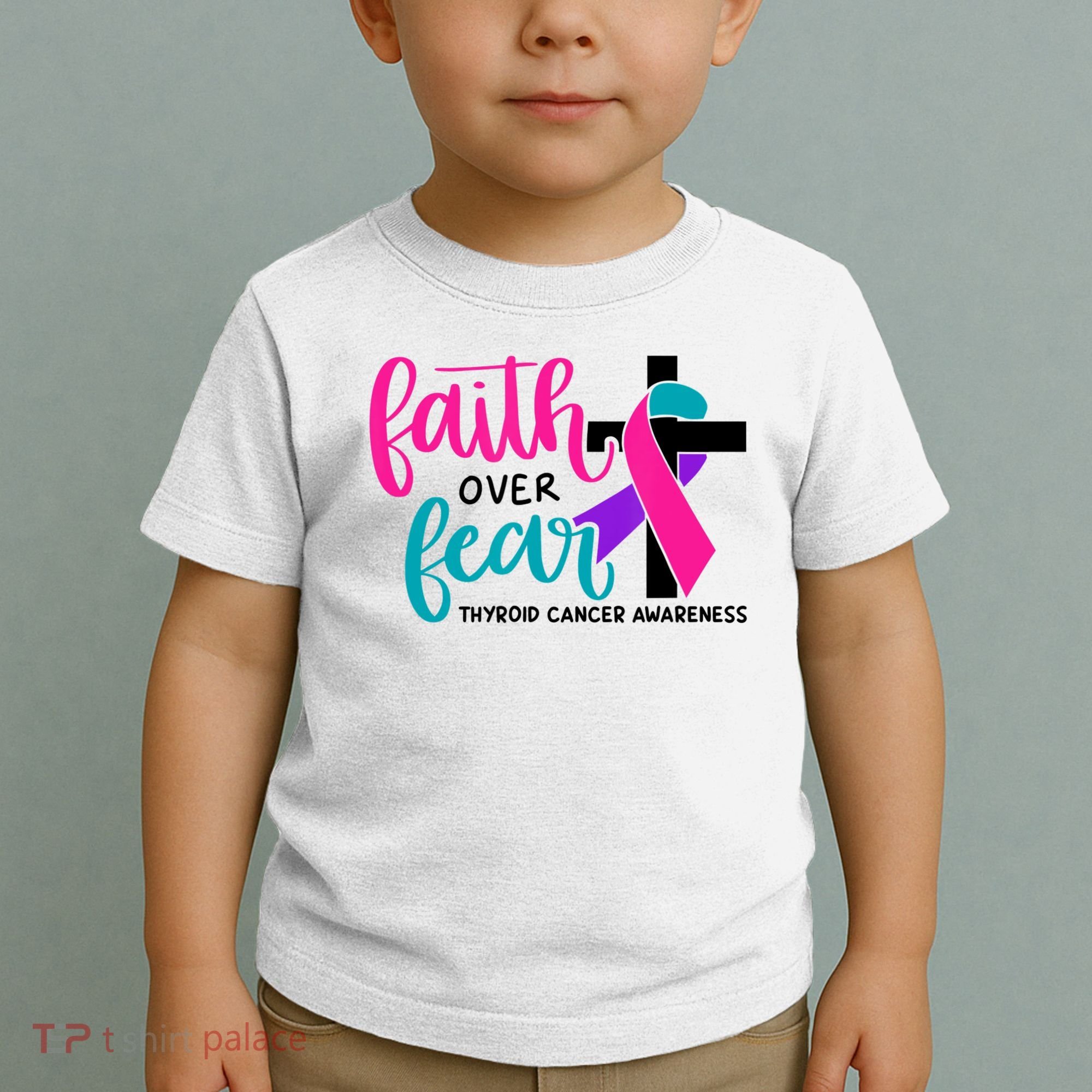 Thyroid Cancer Awareness Ribbon Faith Over Fear Christian Toddler T-Shirt