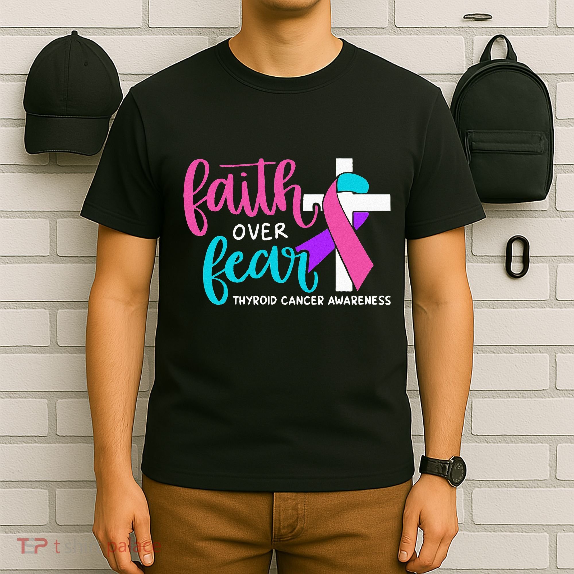 Thyroid Cancer Awareness Religious Christian Faith Over Fear T-Shirt
