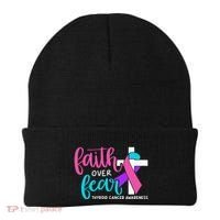 Thyroid Cancer Awareness Religious Christian Faith Over Fear Beanie thumb 0