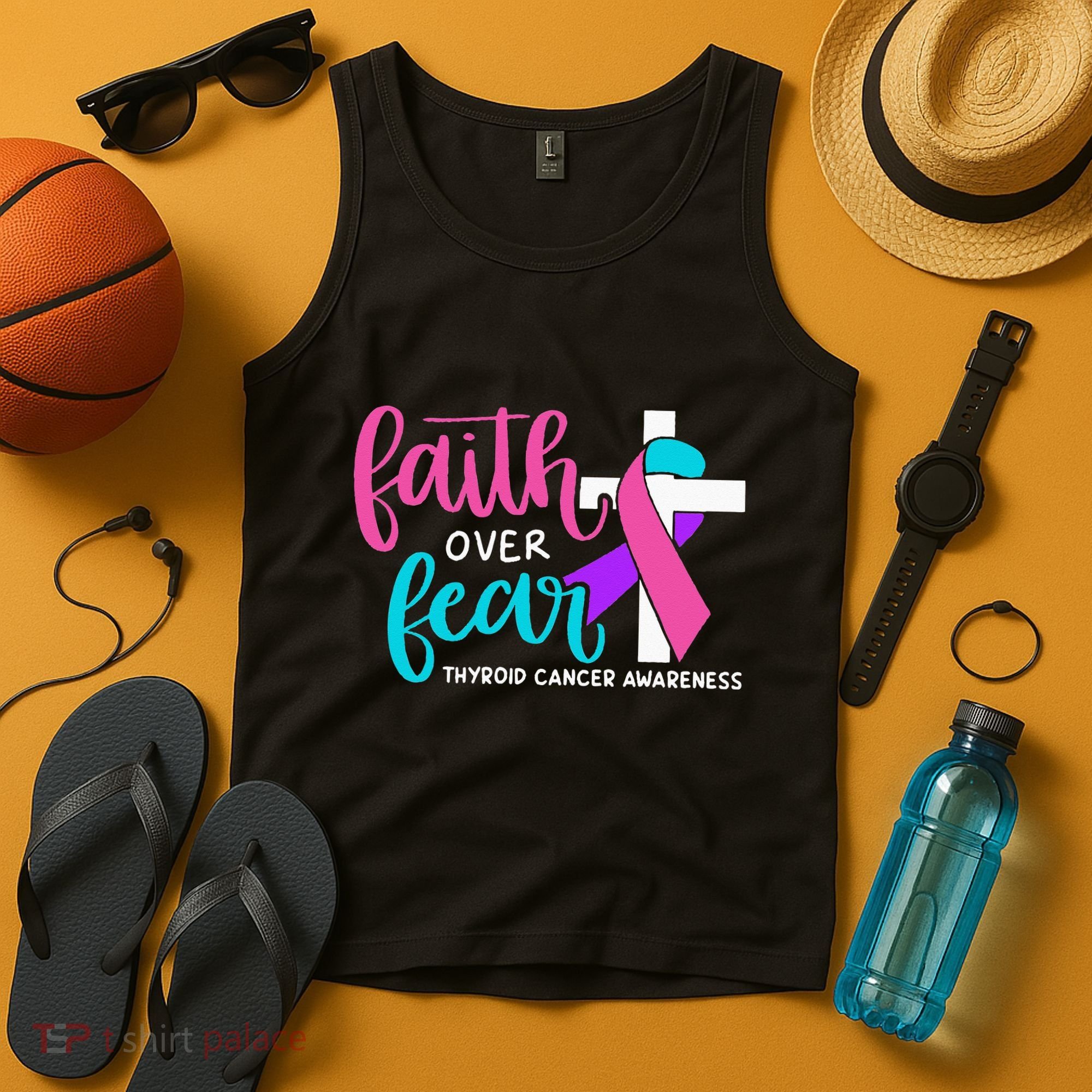 Thyroid Cancer Awareness Religious Christian Faith Over Fear Tank Top