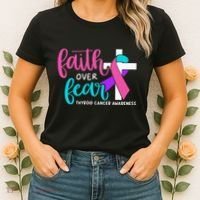 Thyroid Cancer Awareness Religious Christian Faith Over Fear Women's T-Shirt thumb 2