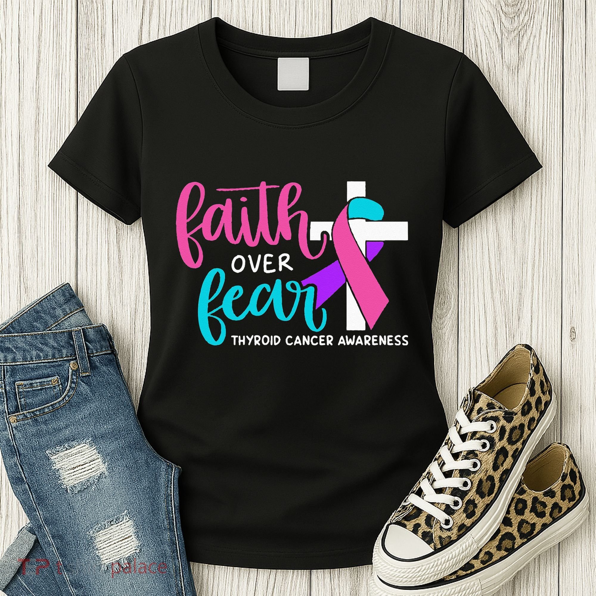 Thyroid Cancer Awareness Religious Christian Faith Over Fear Women's T-Shirt