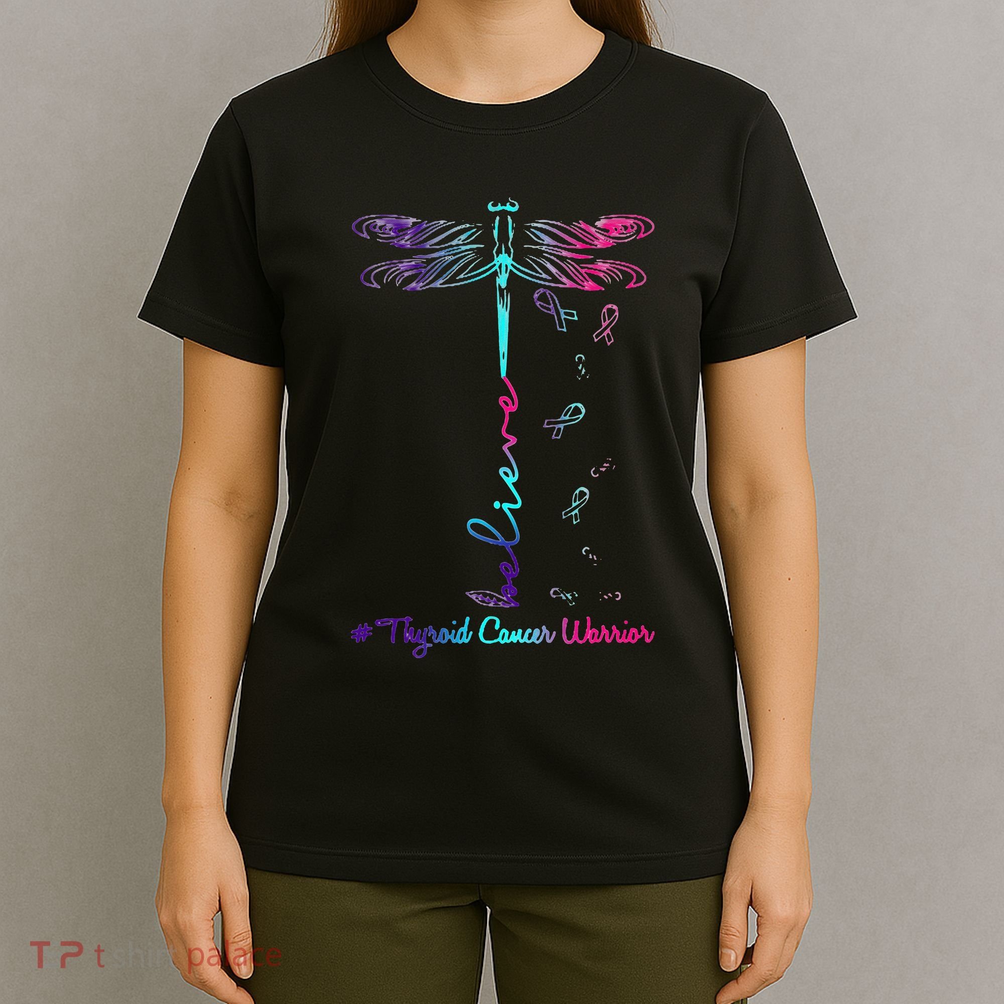 Thyroid Cancer Awareness Warrior Dragonfly Believe Hope T-Shirt