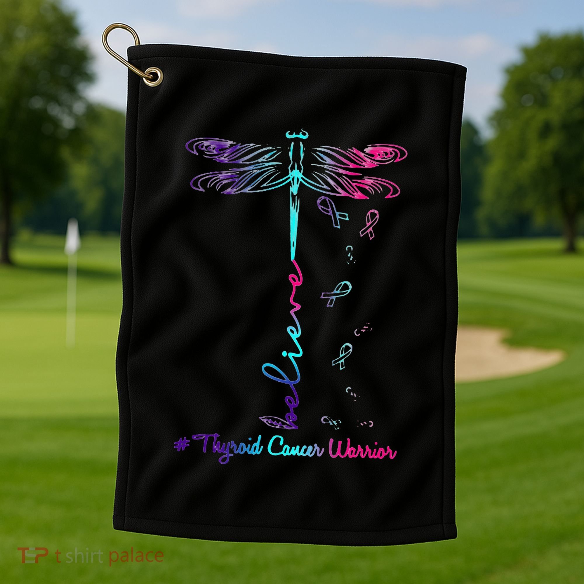 Thyroid Cancer Awareness Warrior Dragonfly Believe Hope Golf Towel