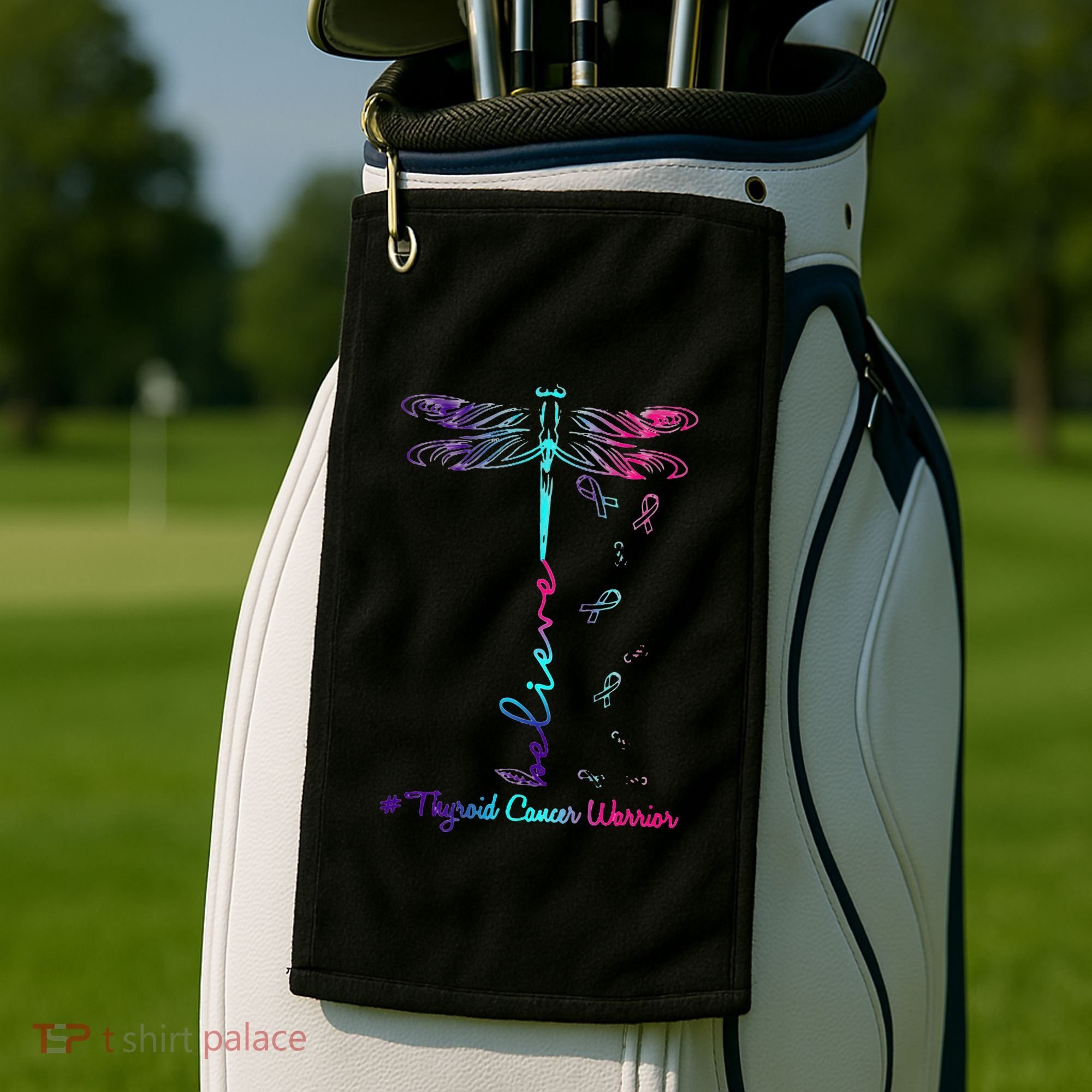 Thyroid Cancer Awareness Warrior Dragonfly Believe Hope Golf Towel