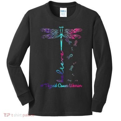 Thyroid Cancer Awareness Warrior Dragonfly Believe Hope Kids Long Sleeve Shirt