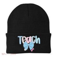 Teach Coquette Bow Teacher Happy First Day Back To School Beanie thumb 0