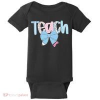 Teach Coquette Bow Teacher Happy First Day Back To School Baby Bodysuit thumb 0
