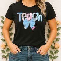 Teach Coquette Bow Teacher Happy First Day Back To School Women's T-Shirt thumb 2