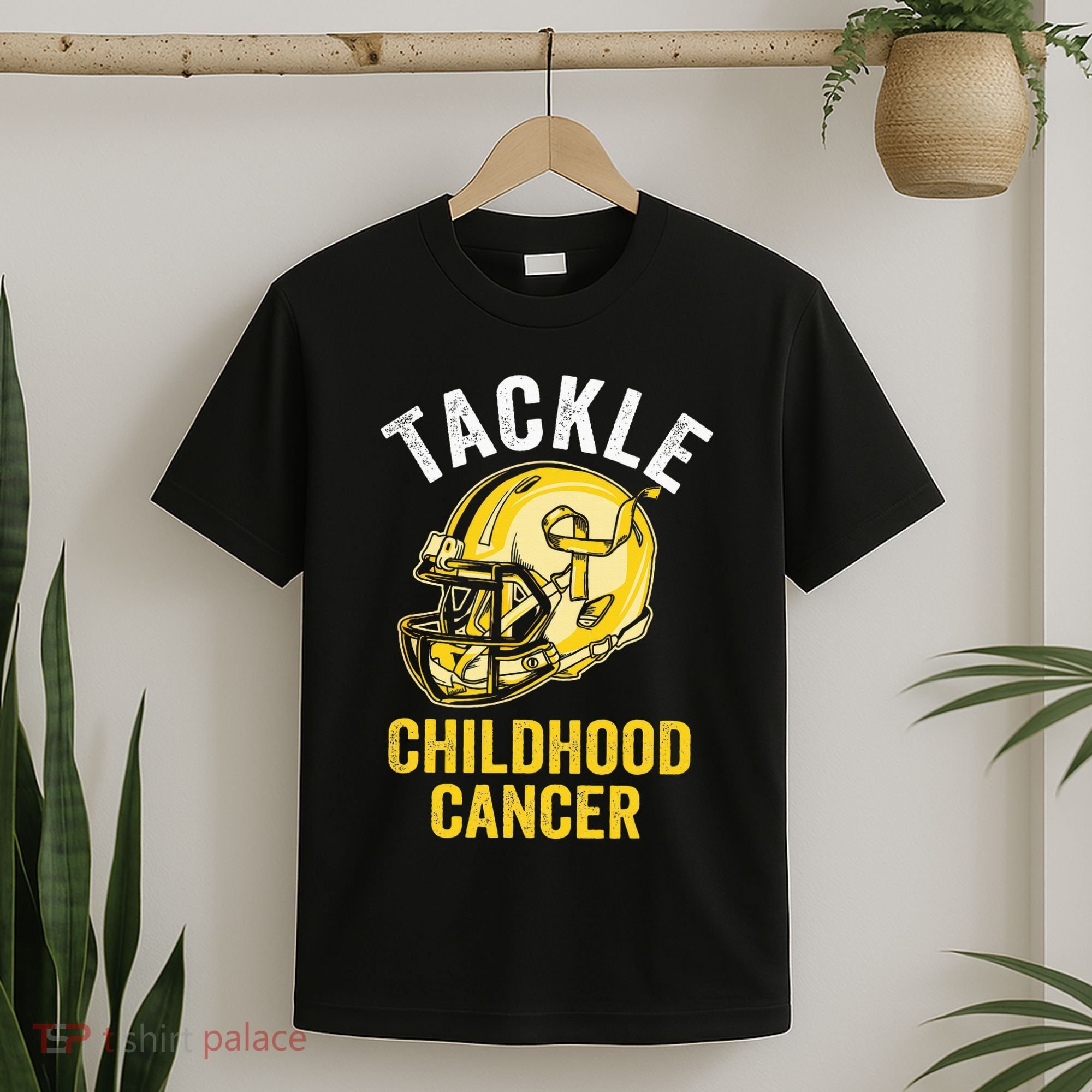 Tackle Childhood Cancer Awareness Football Gold Ribbon T-Shirt