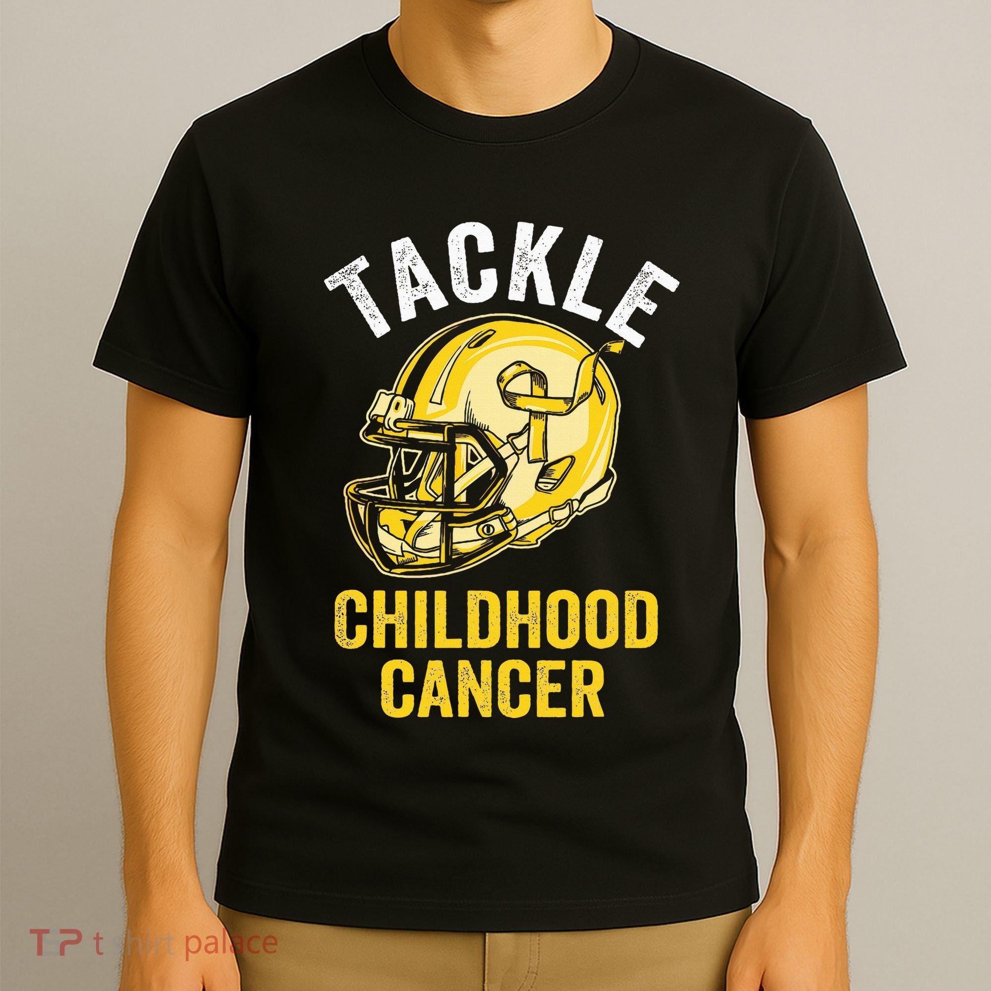 Tackle Childhood Cancer Awareness Football Gold Ribbon T-Shirt