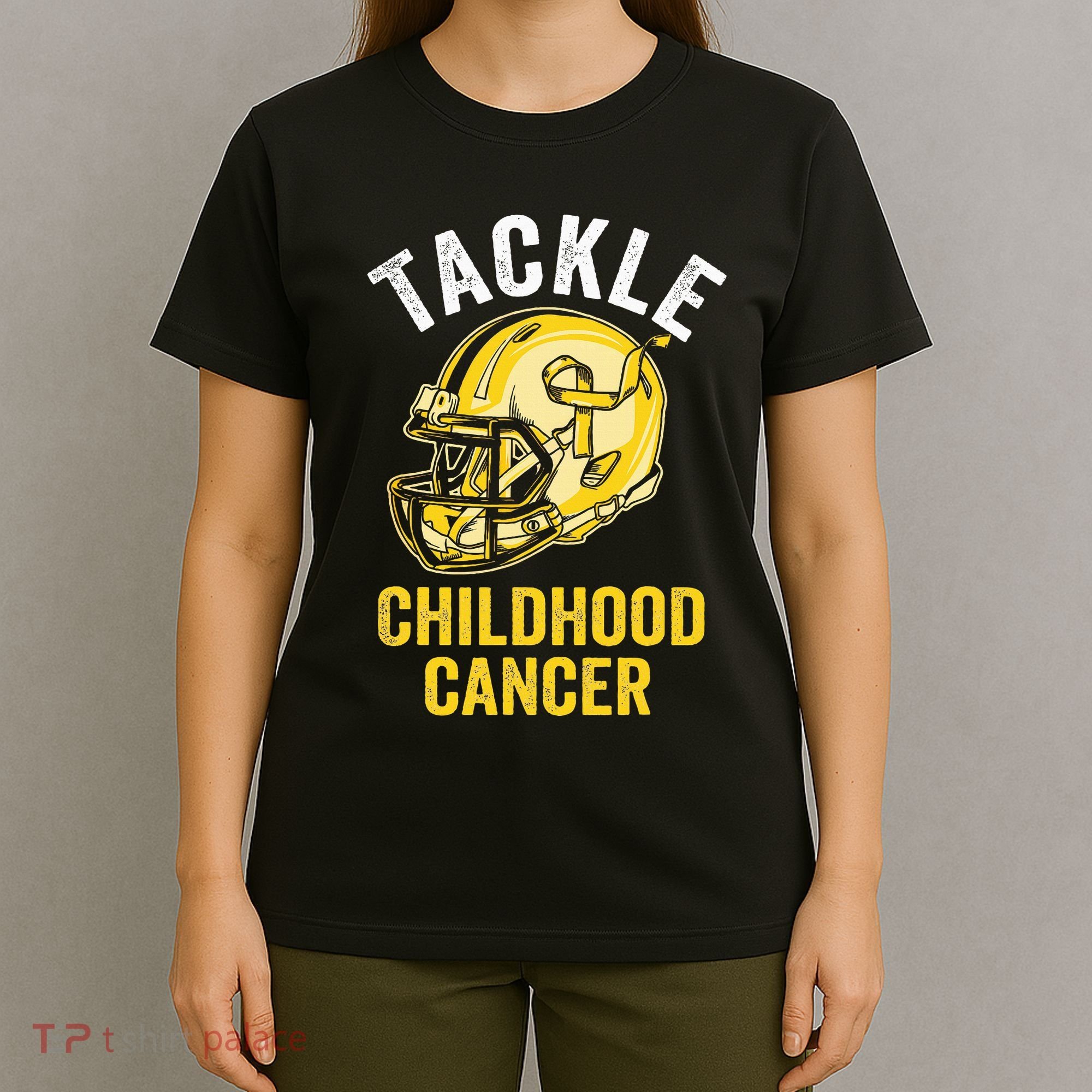 Tackle Childhood Cancer Awareness Football Gold Ribbon T-Shirt