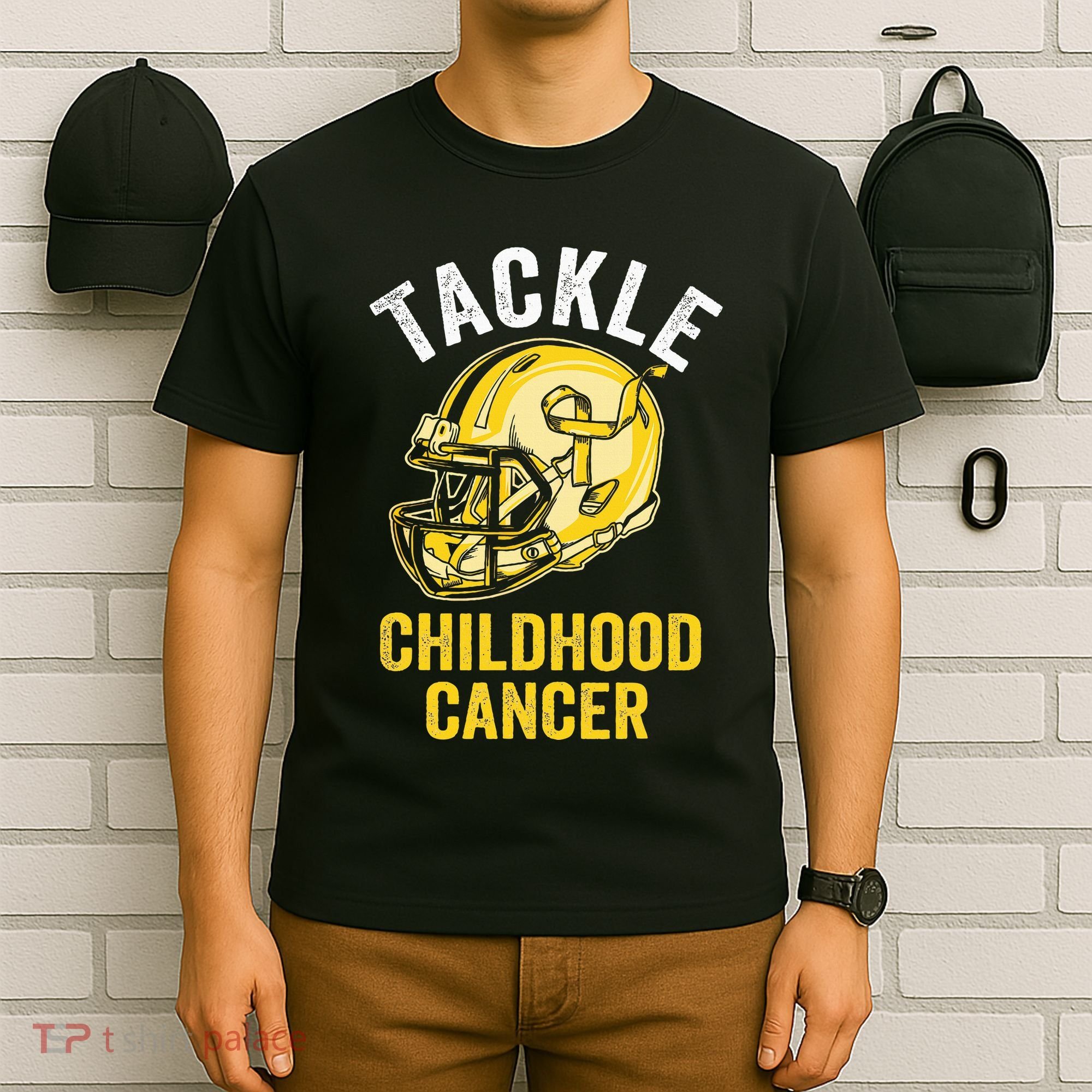 Tackle Childhood Cancer Awareness Football Gold Ribbon T-Shirt