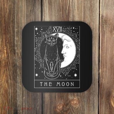Tarot Card Crescent Moon And Cat Graphic Coaster