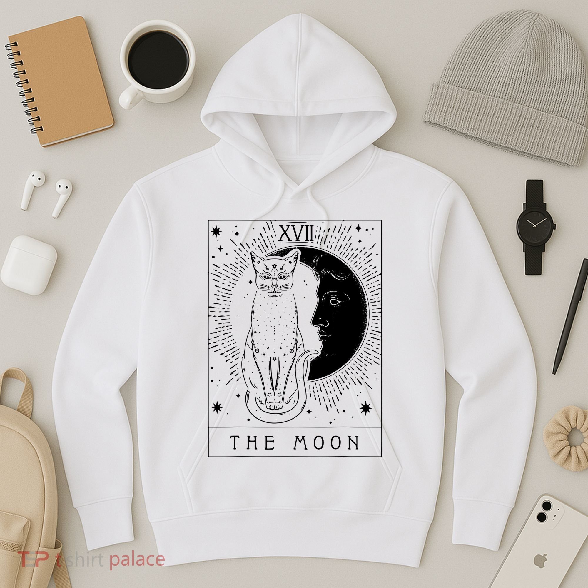 Tarot Card Crescent Moon And Cat Graphic Hoodie