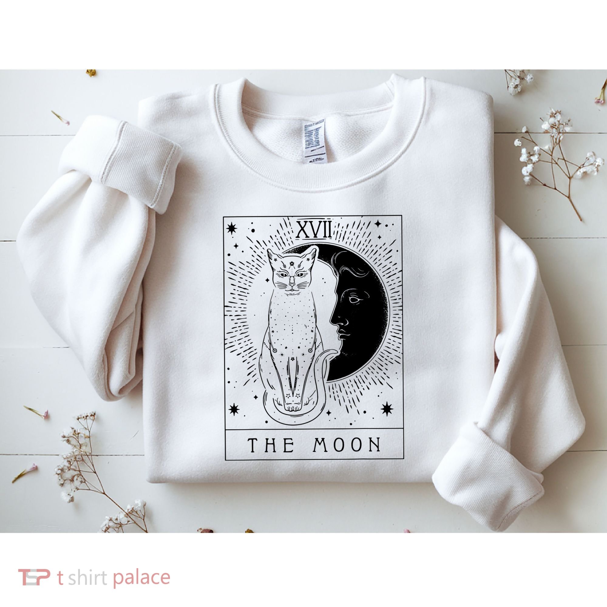 Tarot Card Crescent Moon And Cat Graphic Sweatshirt
