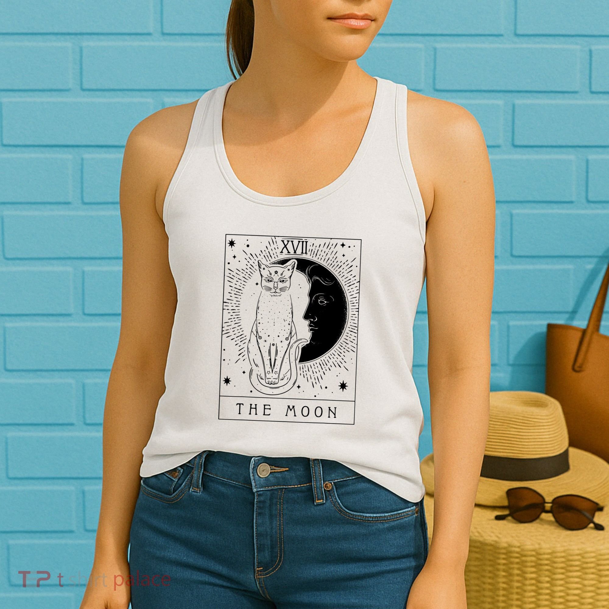 Tarot Card Crescent Moon And Cat Graphic Women's Tank Top