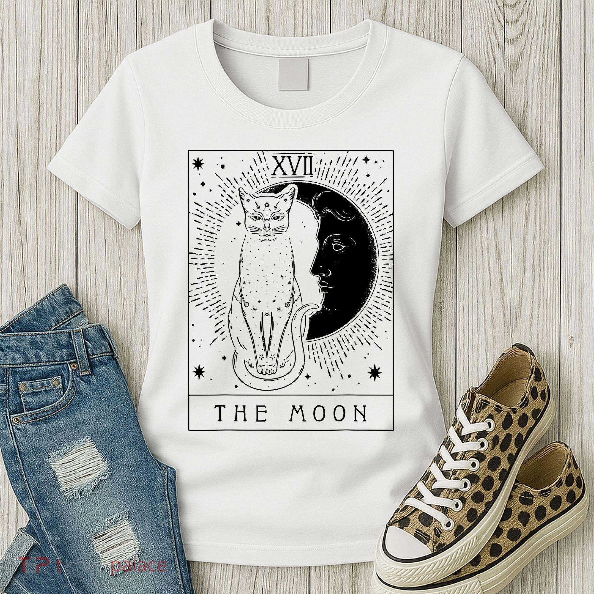 Tarot Card Crescent Moon And Cat Graphic Women's T-Shirt