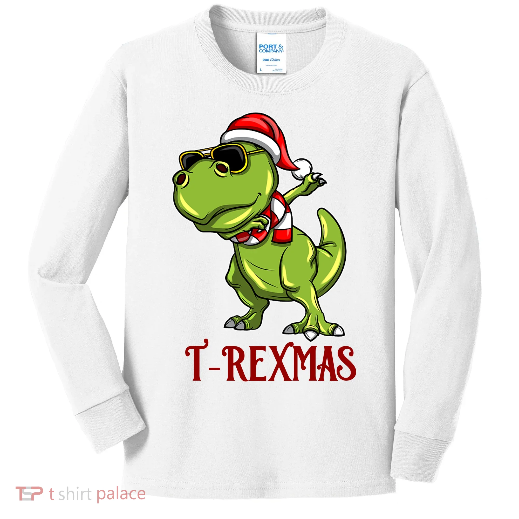 Trex Christmas Dino Kids Long Sleeve Shirt